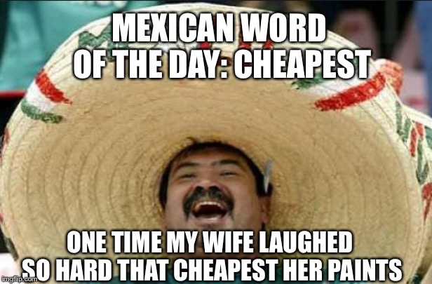 mexican word of the day | MEXICAN WORD OF THE DAY: CHEAPEST; ONE TIME MY WIFE LAUGHED SO HARD THAT CHEAPEST HER PAINTS | image tagged in mexican word of the day | made w/ Imgflip meme maker