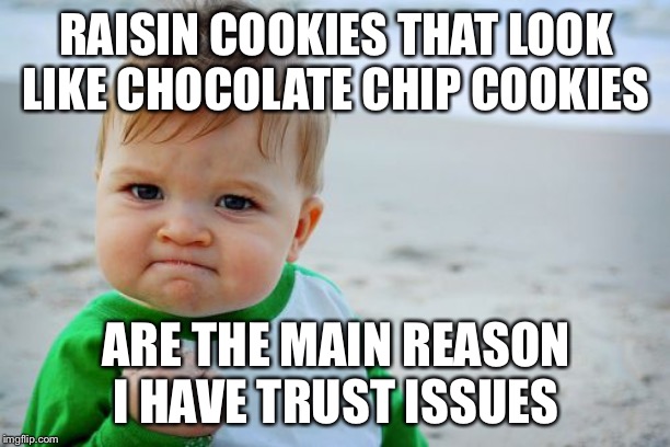 Success Kid Original | RAISIN COOKIES THAT LOOK LIKE CHOCOLATE CHIP COOKIES; ARE THE MAIN REASON I HAVE TRUST ISSUES | image tagged in memes,success kid original | made w/ Imgflip meme maker