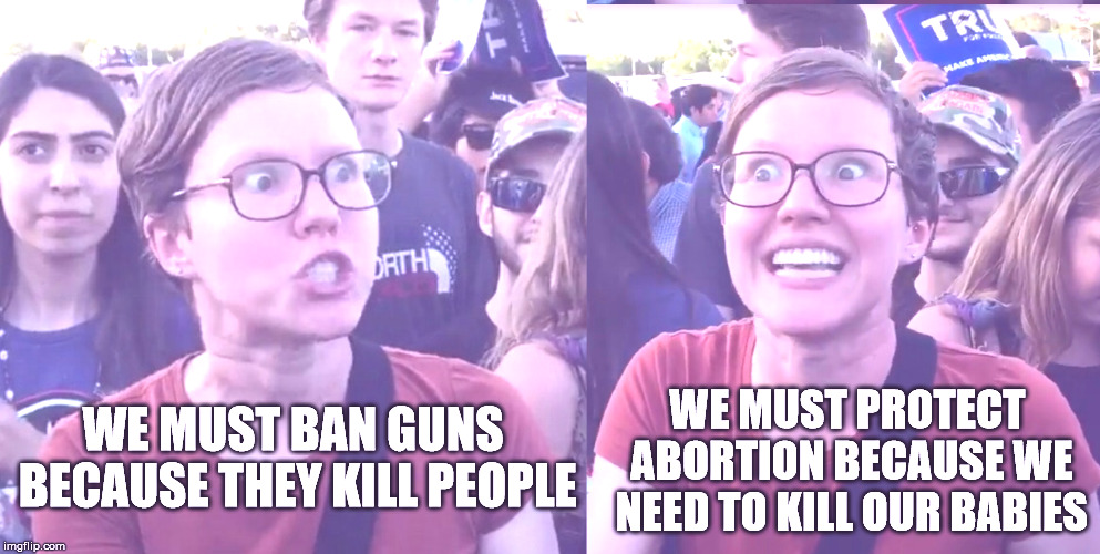 Liberals are hypocrites | WE MUST PROTECT ABORTION BECAUSE WE NEED TO KILL OUR BABIES; WE MUST BAN GUNS BECAUSE THEY KILL PEOPLE | image tagged in triggered feminist,hypocrite feminist,gun control,abortion is murder | made w/ Imgflip meme maker