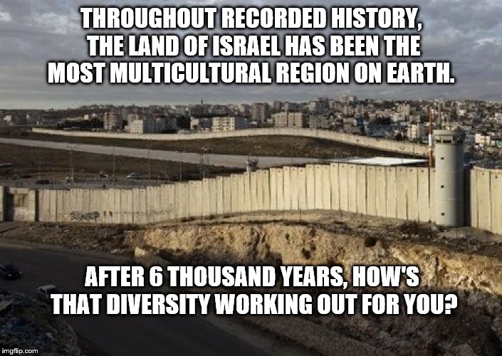 THROUGHOUT RECORDED HISTORY, THE LAND OF ISRAEL HAS BEEN THE MOST MULTICULTURAL REGION ON EARTH. AFTER 6 THOUSAND YEARS, HOW'S THAT DIVERSITY WORKING OUT FOR YOU? | made w/ Imgflip meme maker