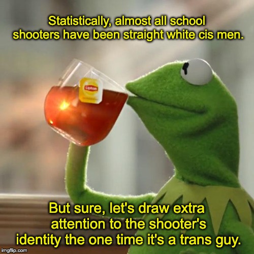 But That's None Of My Business | Statistically, almost all school shooters have been straight white cis men. But sure, let's draw extra attention to the shooter's identity the one time it's a trans guy. | image tagged in memes,but thats none of my business,kermit the frog,transgender,school shooting | made w/ Imgflip meme maker