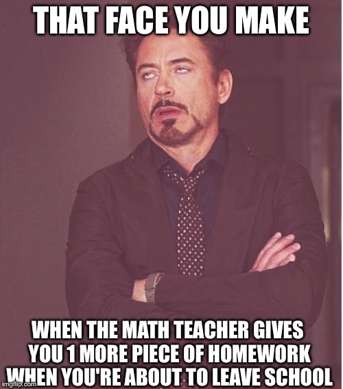 Face You Make Robert Downey Jr Meme | THAT FACE YOU MAKE; WHEN THE MATH TEACHER GIVES YOU 1 MORE PIECE OF HOMEWORK WHEN YOU'RE ABOUT TO LEAVE SCHOOL | image tagged in memes,face you make robert downey jr | made w/ Imgflip meme maker