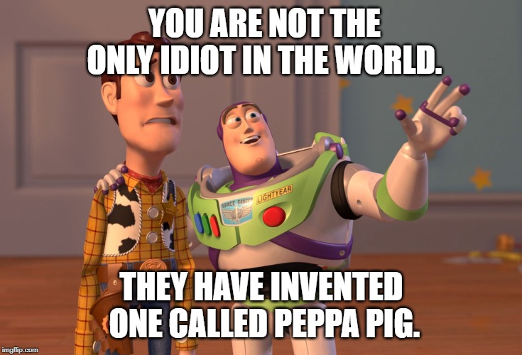 X, X Everywhere Meme | YOU ARE NOT THE ONLY IDIOT IN THE WORLD. THEY HAVE INVENTED ONE CALLED PEPPA PIG. | image tagged in memes,x x everywhere,peppa pig | made w/ Imgflip meme maker
