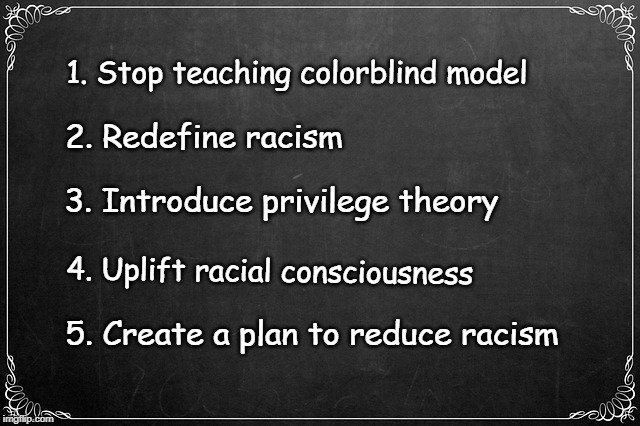 Revival of racism is linked to new "anti-racism" education methods | 1. Stop teaching colorblind model; 2. Redefine racism; 3. Introduce privilege theory; 4. Uplift racial consciousness; 5. Create a plan to reduce racism | image tagged in white privilege,racism,privilege,racist | made w/ Imgflip meme maker