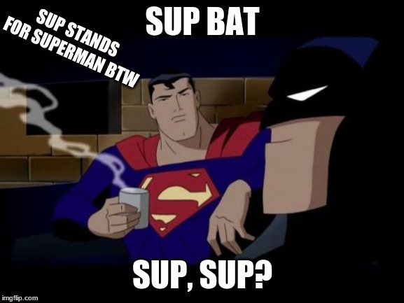 Batman And Superman | SUP BAT; SUP STANDS FOR SUPERMAN BTW; SUP, SUP? | image tagged in memes,batman and superman | made w/ Imgflip meme maker