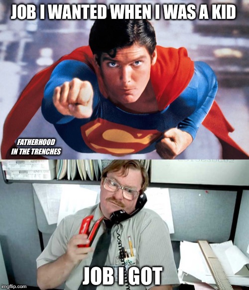 Up, Up, and All The Way Down | JOB I WANTED WHEN I WAS A KID; FATHERHOOD IN THE TRENCHES; JOB I GOT | image tagged in superman,office space,adulting,work | made w/ Imgflip meme maker
