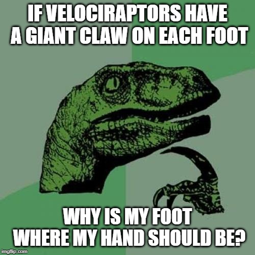 Philosoraptor | IF VELOCIRAPTORS HAVE A GIANT CLAW ON EACH FOOT; WHY IS MY FOOT WHERE MY HAND SHOULD BE? | image tagged in memes,philosoraptor | made w/ Imgflip meme maker