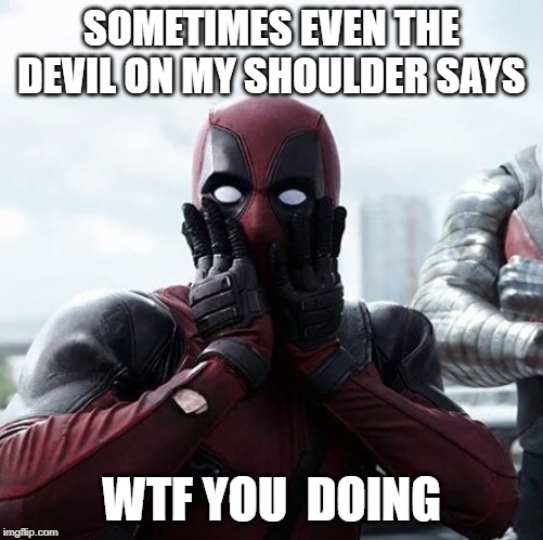 Deadpool Surprised | SOMETIMES EVEN THE DEVIL ON MY SHOULDER SAYS; WTF YOU  DOING | image tagged in memes,deadpool surprised | made w/ Imgflip meme maker
