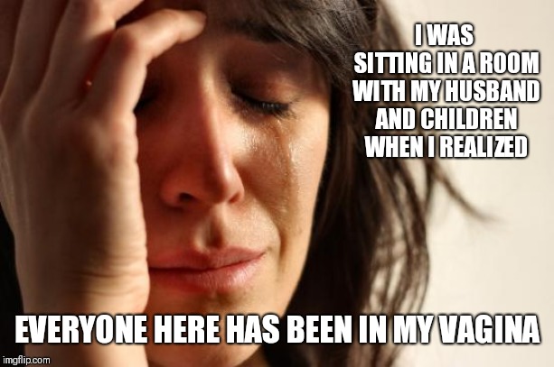 First World Problems Meme | I WAS SITTING IN A ROOM WITH MY HUSBAND AND CHILDREN WHEN I REALIZED; EVERYONE HERE HAS BEEN IN MY VAGINA | image tagged in memes,first world problems,children,funny memes,vagina,family life | made w/ Imgflip meme maker