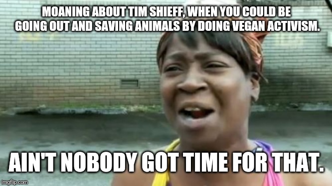 Ain't Nobody Got Time For That | MOANING ABOUT TIM SHIEFF, WHEN YOU COULD BE GOING OUT AND SAVING ANIMALS BY DOING VEGAN ACTIVISM. AIN'T NOBODY GOT TIME FOR THAT. | image tagged in memes,aint nobody got time for that | made w/ Imgflip meme maker