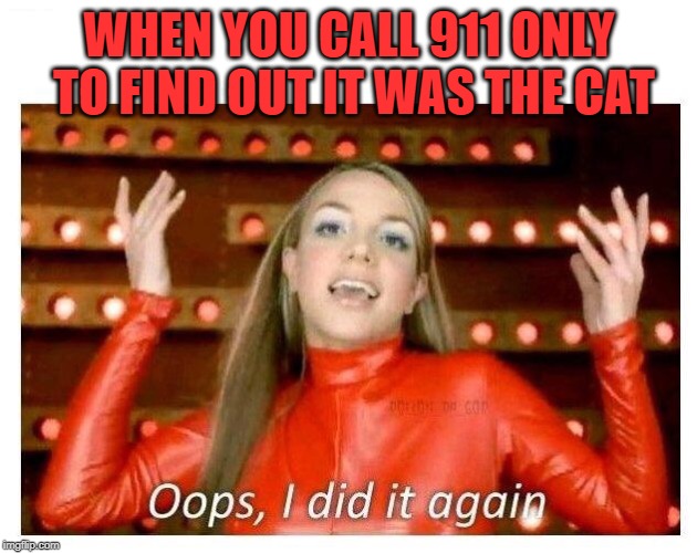 Oops I did it again - Britney Spears | WHEN YOU CALL 911 ONLY TO FIND OUT IT WAS THE CAT | image tagged in oops i did it again - britney spears | made w/ Imgflip meme maker