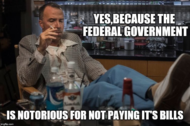 YES,BECAUSE THE FEDERAL GOVERNMENT IS NOTORIOUS FOR NOT PAYING IT'S BILLS | made w/ Imgflip meme maker