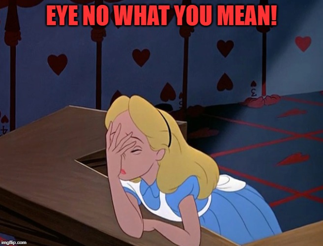 Alice in Wonderland Face Palm Facepalm | EYE NO WHAT YOU MEAN! | image tagged in alice in wonderland face palm facepalm | made w/ Imgflip meme maker