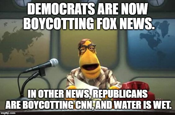 What the heck kinda "news" is this??? It's a little hard to "boycott" stuff you never use! | DEMOCRATS ARE NOW BOYCOTTING FOX NEWS. IN OTHER NEWS, REPUBLICANS ARE BOYCOTTING CNN, AND WATER IS WET. | image tagged in muppet news flash,cnn,fox news,democrats,republicans,some days i really hate this stupid predictable 2 party system | made w/ Imgflip meme maker