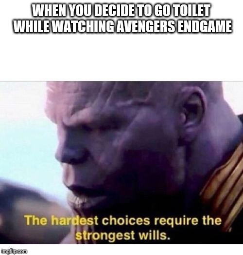 THANOS HARDEST CHOICES | WHEN YOU DECIDE TO GO TOILET WHILE WATCHING AVENGERS ENDGAME | image tagged in thanos hardest choices | made w/ Imgflip meme maker