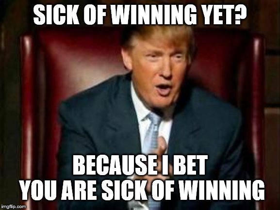Donald Trump | SICK OF WINNING YET? BECAUSE I BET YOU ARE SICK OF WINNING | image tagged in donald trump | made w/ Imgflip meme maker