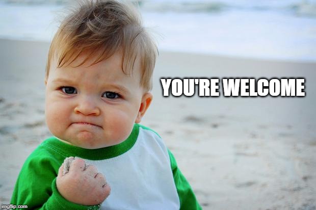Baby Fist Pump | YOU'RE WELCOME | image tagged in baby fist pump | made w/ Imgflip meme maker