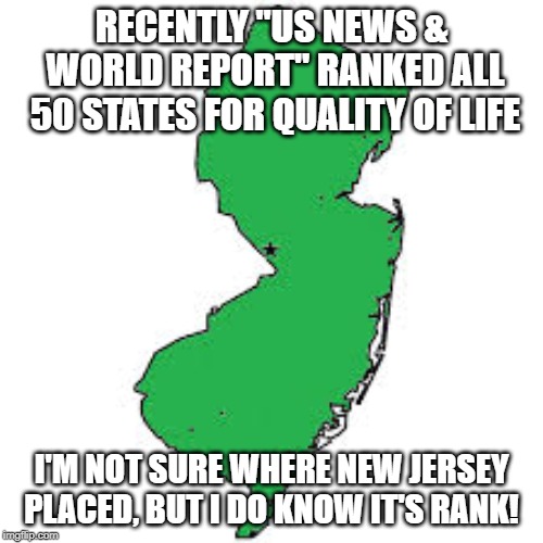 New Jersey | RECENTLY "US NEWS & WORLD REPORT" RANKED ALL 50 STATES FOR QUALITY OF LIFE; I'M NOT SURE WHERE NEW JERSEY PLACED, BUT I DO KNOW IT'S RANK! | image tagged in new jersey | made w/ Imgflip meme maker