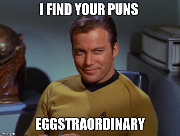 Kirk Smirk | I FIND YOUR PUNS EGGSTRAORDINARY | image tagged in kirk smirk | made w/ Imgflip meme maker