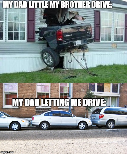 MY DAD LITTLE MY BROTHER DRIVE:; MY DAD LETTING ME DRIVE: | image tagged in funny car crash | made w/ Imgflip meme maker