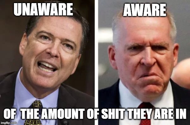 If Looks Could Speak | AWARE; UNAWARE; OF  THE AMOUNT OF SHIT THEY ARE IN | image tagged in fbi director james comey,cia director john brennan,spygate,spy vs spy | made w/ Imgflip meme maker