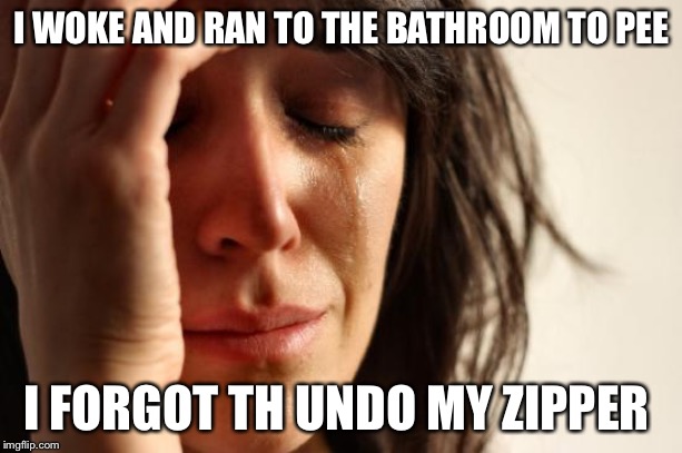 First World Problems | I WOKE AND RAN TO THE BATHROOM TO PEE; I FORGOT TH UNDO MY ZIPPER | image tagged in memes,first world problems | made w/ Imgflip meme maker