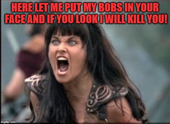 Screaming Woman | HERE LET ME PUT MY BOBS IN YOUR FACE AND IF YOU LOOK I WILL KILL YOU! | image tagged in screaming woman | made w/ Imgflip meme maker