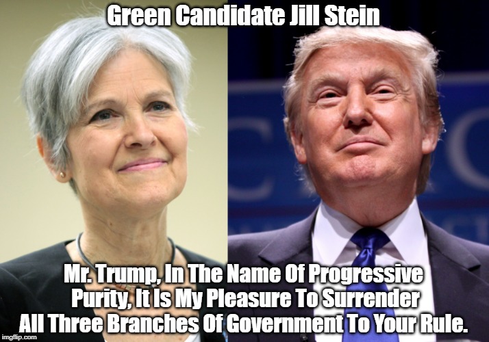 The Harm Done By Third Parties | Green Candidate Jill Stein; Mr. Trump, In The Name Of Progressive Purity, It Is My Pleasure To Surrender All Three Branches Of Government To Your Rule. | image tagged in jill stein,trump,2016 election,the best is enemy of the good,perfect is enemy of the good,my political prime directive is to kee | made w/ Imgflip meme maker
