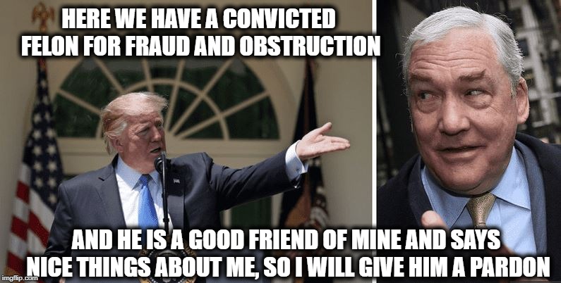 How much is a pardon worth? | HERE WE HAVE A CONVICTED FELON FOR FRAUD AND OBSTRUCTION; AND HE IS A GOOD FRIEND OF MINE AND SAYS NICE THINGS ABOUT ME, SO I WILL GIVE HIM A PARDON | image tagged in memes,politics,maga,impeach trump,idiot | made w/ Imgflip meme maker