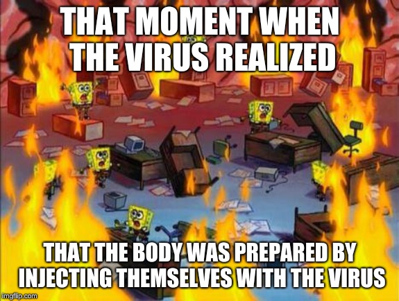 Spongebob panic | THAT MOMENT WHEN THE VIRUS REALIZED; THAT THE BODY WAS PREPARED BY INJECTING THEMSELVES WITH THE VIRUS | image tagged in spongebob panic | made w/ Imgflip meme maker