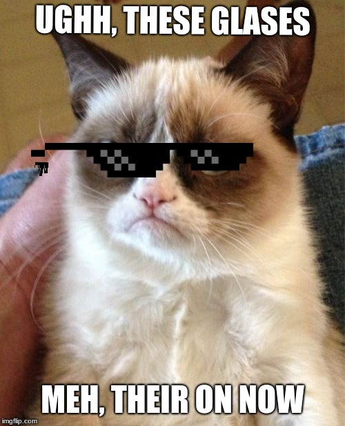 Grumpy Cat Meme | UGHH, THESE GLASES; MEH, THEIR ON NOW | image tagged in memes,grumpy cat | made w/ Imgflip meme maker