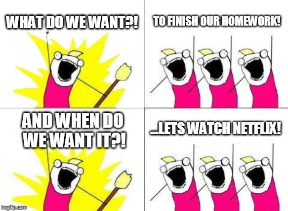 Admit it, we have all done this | WHAT DO WE WANT?! TO FINISH OUR HOMEWORK! ...LETS WATCH NETFLIX! AND WHEN DO WE WANT IT?! | image tagged in memes,what do we want | made w/ Imgflip meme maker