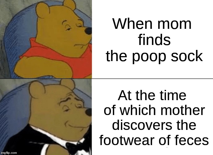 Tuxedo Winnie The Pooh Meme | When mom finds the poop sock; At the time of which mother discovers the footwear of feces | image tagged in memes,tuxedo winnie the pooh | made w/ Imgflip meme maker