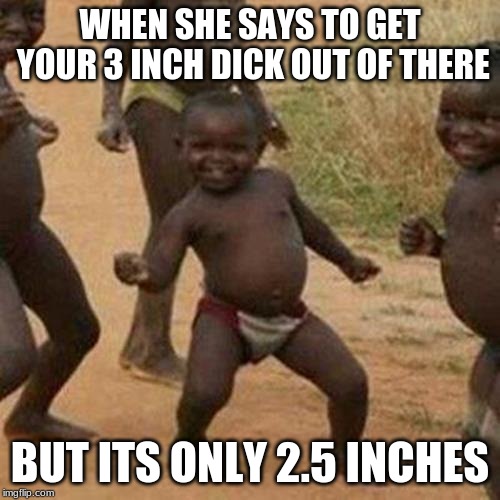 Third World Success Kid Meme | WHEN SHE SAYS TO GET YOUR 3 INCH DICK OUT OF THERE; BUT ITS ONLY 2.5 INCHES | image tagged in memes,third world success kid | made w/ Imgflip meme maker