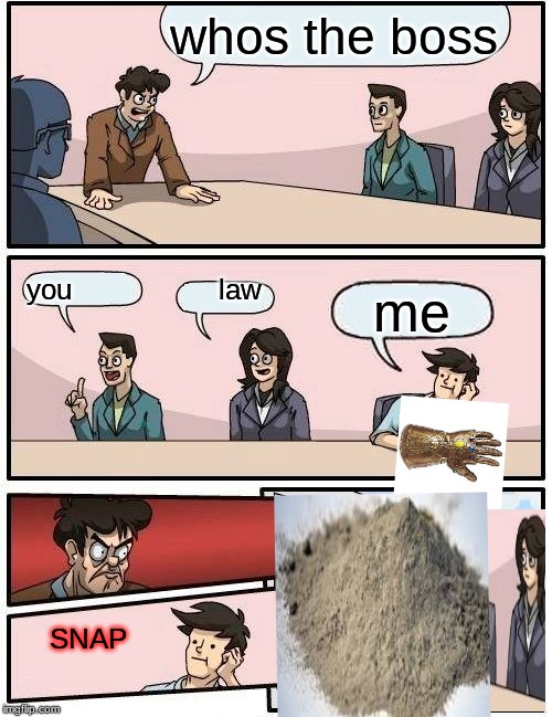 Boardroom Meeting Suggestion | whos the boss; you                   law; me; SNAP | image tagged in memes,boardroom meeting suggestion | made w/ Imgflip meme maker