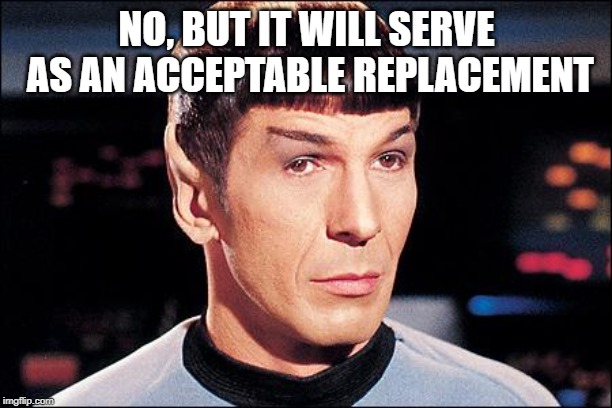 Condescending Spock | NO, BUT IT WILL SERVE AS AN ACCEPTABLE REPLACEMENT | image tagged in condescending spock | made w/ Imgflip meme maker
