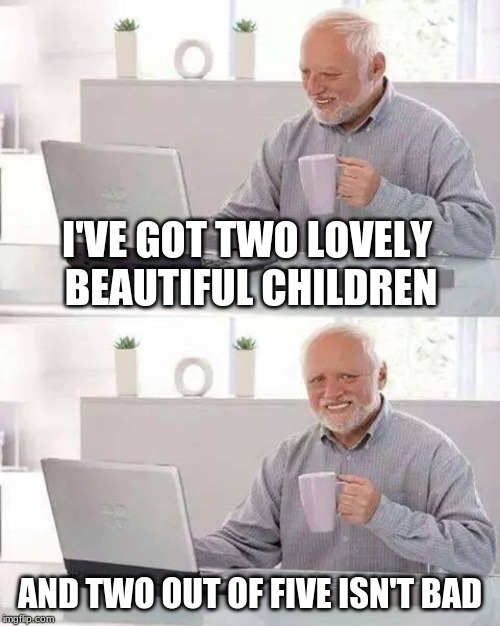 Not a bad way to go | I'VE GOT TWO LOVELY BEAUTIFUL CHILDREN; AND TWO OUT OF FIVE ISN'T BAD | image tagged in memes,hide the pain harold,funny,children,sad,memelord344 | made w/ Imgflip meme maker