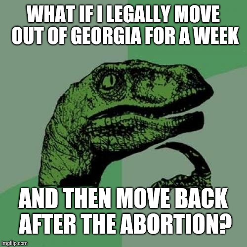 Philosoraptor | WHAT IF I LEGALLY MOVE OUT OF GEORGIA FOR A WEEK; AND THEN MOVE BACK AFTER THE ABORTION? | image tagged in memes,philosoraptor | made w/ Imgflip meme maker