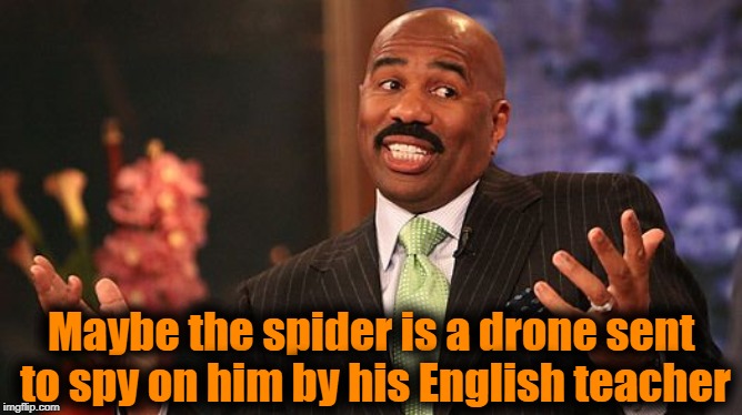 shrug | Maybe the spider is a drone sent to spy on him by his English teacher | image tagged in shrug | made w/ Imgflip meme maker