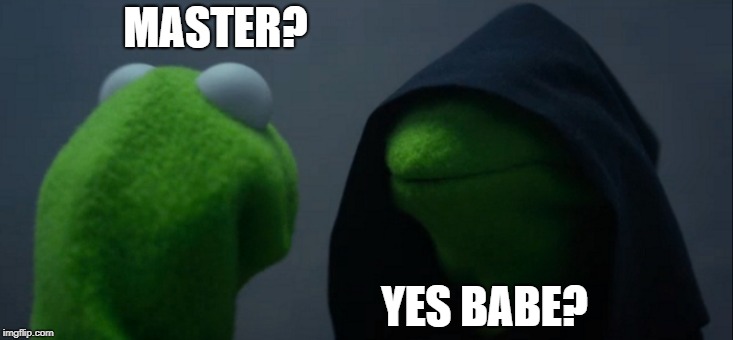 Evil Kermit | MASTER? YES BABE? | image tagged in memes,evil kermit | made w/ Imgflip meme maker