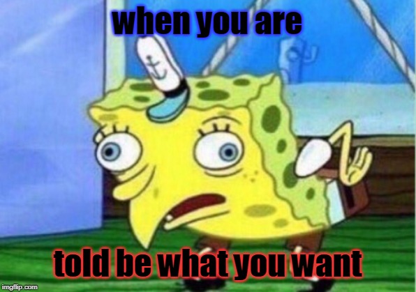 Mocking Spongebob | when you are; told be what you want | image tagged in memes,mocking spongebob | made w/ Imgflip meme maker