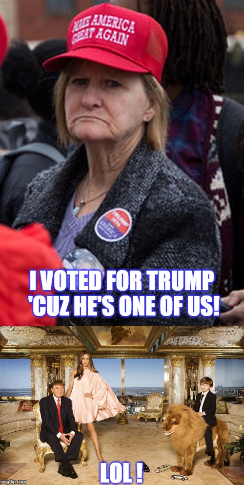 Trump's got you fooled! | I VOTED FOR TRUMP 'CUZ HE'S ONE OF US! LOL ! | image tagged in trump family,trump laughing all the way to the bank,inherited money from daddy,bailed out many times by daddy,has never worked a | made w/ Imgflip meme maker