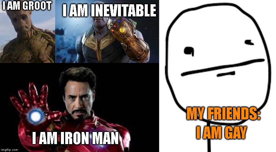 friends | I AM GROOT; I AM INEVITABLE; MY FRIENDS:; I AM GAY; I AM IRON MAN | image tagged in memes | made w/ Imgflip meme maker