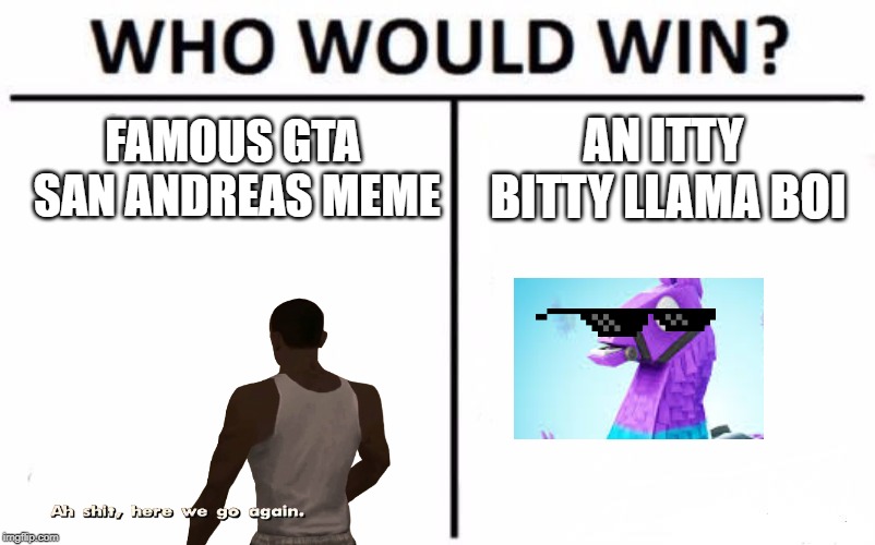 Who Would Win? | FAMOUS GTA SAN ANDREAS MEME; AN ITTY BITTY LLAMA BOI | image tagged in memes,who would win | made w/ Imgflip meme maker