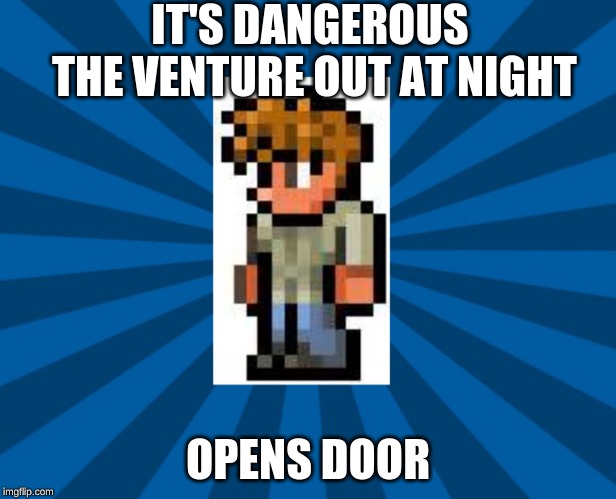 Terraria Guide | IT'S DANGEROUS THE VENTURE OUT AT NIGHT; OPENS DOOR | image tagged in terraria guide | made w/ Imgflip meme maker