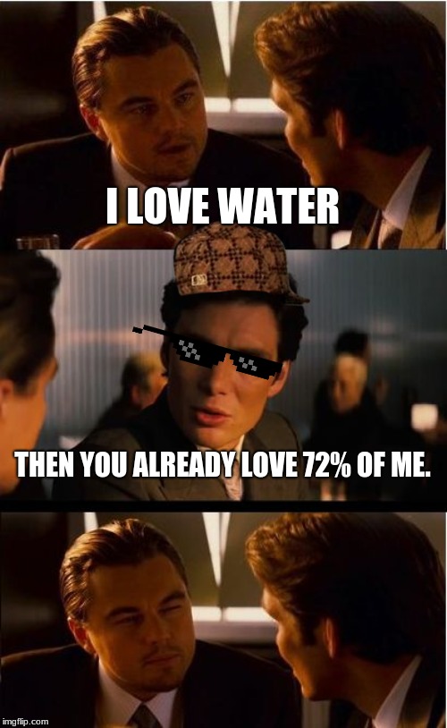 Inception Meme | I LOVE WATER; THEN YOU ALREADY LOVE 72% OF ME. | image tagged in memes,inception | made w/ Imgflip meme maker