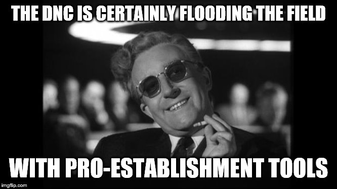 dr strangelove | THE DNC IS CERTAINLY FLOODING THE FIELD WITH PRO-ESTABLISHMENT TOOLS | image tagged in dr strangelove | made w/ Imgflip meme maker