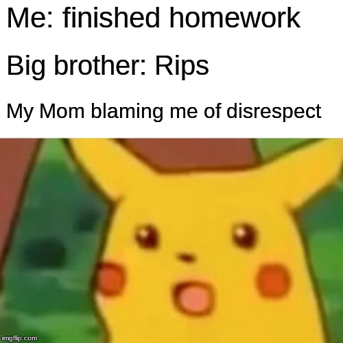 Surprised Pikachu | Me: finished homework; Big brother: Rips; My Mom blaming me of disrespect | image tagged in memes,surprised pikachu | made w/ Imgflip meme maker