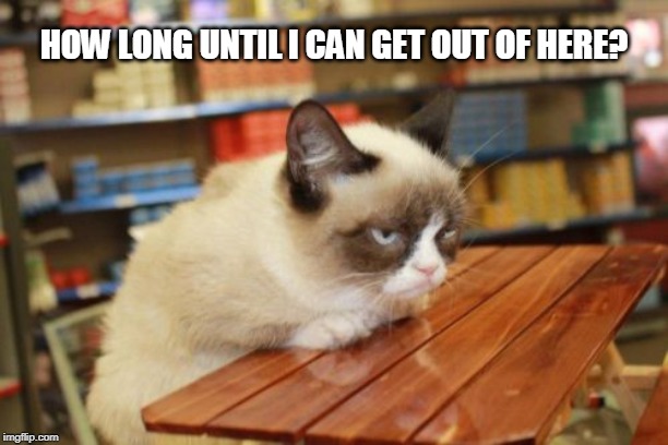Grumpy Cat Table | HOW LONG UNTIL I CAN GET OUT OF HERE? | image tagged in memes,grumpy cat table,grumpy cat | made w/ Imgflip meme maker