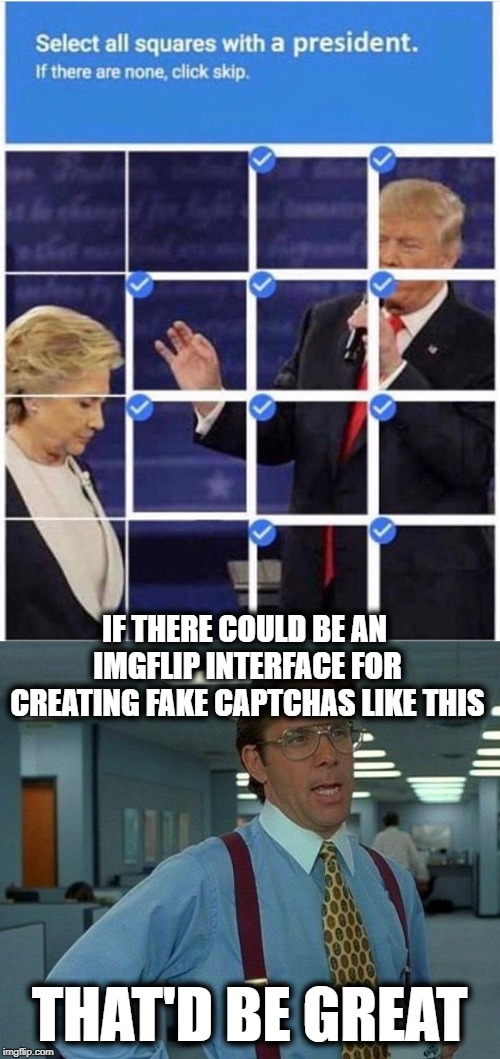 IF THERE COULD BE AN IMGFLIP INTERFACE FOR CREATING FAKE CAPTCHAS LIKE THIS; THAT'D BE GREAT | image tagged in memes,that would be great | made w/ Imgflip meme maker